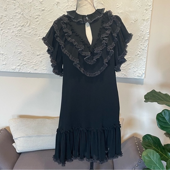 See by Chloe Polka Dot Ruffle Plissé Georgette Shift Dress Black Sz EU 34 US 0-2 - Picture 2 of 12